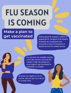 Flyer saying Flu Season Is Coming. Make a Plan to get Vaccinated.